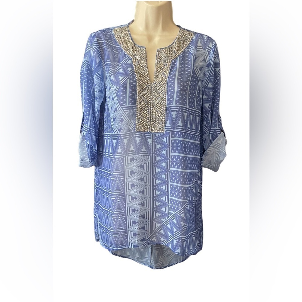 Chico’s Tunic Blouse Size 0 Small Beaded Embellished V-Neckline Blue Sheer LS